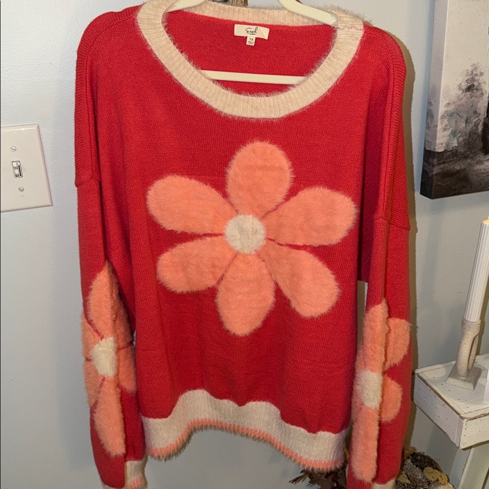 ⭐️Easel Coral Fuzzy Daisy Print Sweater⭐️ - Picture 4 of 7